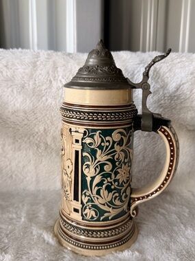 Vintage German Beer Stein Tankard Pewter Lid Floral Village Scene Germany 9392